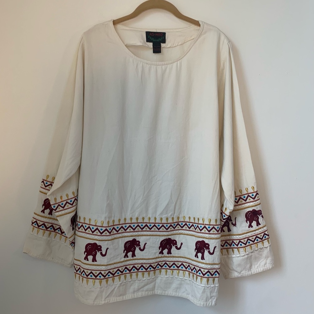 ASHRO Elephant Embroidery Bohemian Tunic Large Cotton Boho